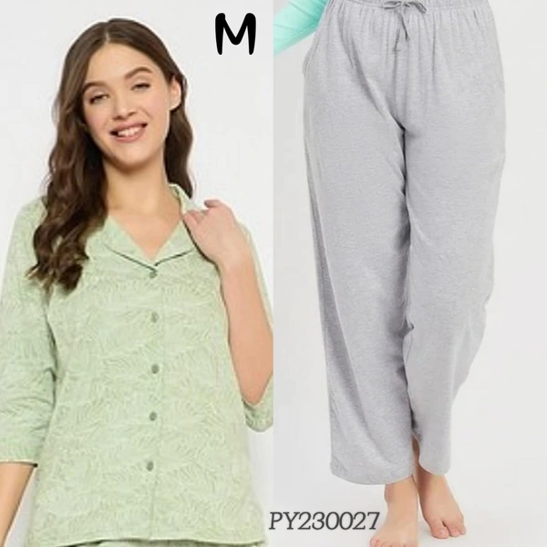 Clovia Button Down Shirt & Pyjama Set |100% Cotton |Light Green| PY230027 - M, Light Green