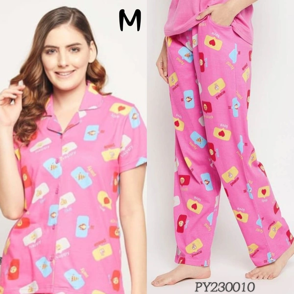 Clovia Button Down Shirt & Pyjama Set |100% Cotton| Pink| PY230010 - M, Pink