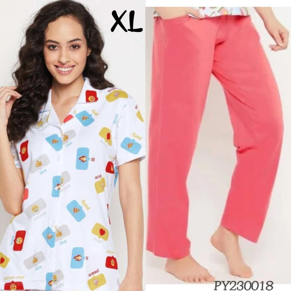 Clovia Button Down Shirt & Pyjama Set |100% Cotton| White | PY230018 - XL, White