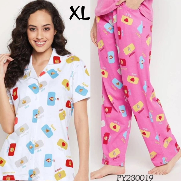 Clovia Button Down Shirt & Pyjama Set |100% Cotton| White | PY230019 - XL, White