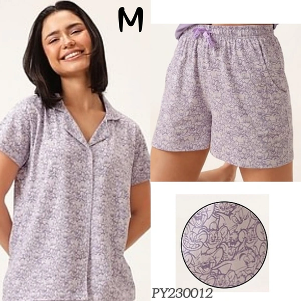 Clovia Button Down Shirt & Pyjama Short Set |100% Cotton| Light Purple| PY230012 - M, Light Purple