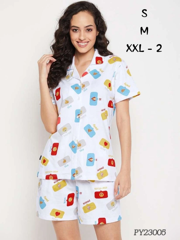 Clovia Button Down Shirt & Pyjama Shorts Set |100% Cotton |White | PY23005 - 2XL, White