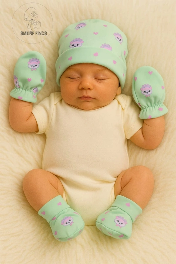 Smurf Finds Cap, Mittens & Booties set|Pack Contains 1 Set|100% Organic Cotton| Pista Green | SMMS7306 - 6-12 Month, Pista Green