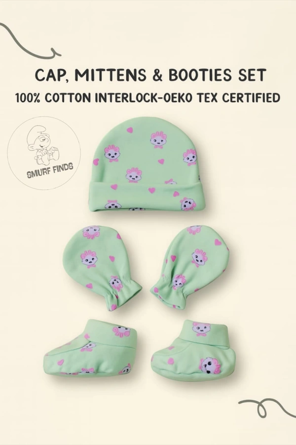 Smurf Finds Cap, Mittens & Booties set|Pack Contains 1 Set|100% Organic Cotton| Pista Green | SMMS7306 - 6-12 Month, Pista Green