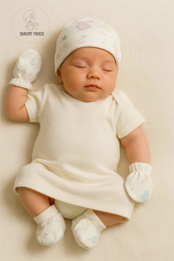 Smurf Finds Cap, Mittens & Booties set|Pack Contains 1 Set|100% Organic Cotton| White | SMMS7302 - 6-12 Month, White