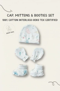 Smurf Finds Cap, Mittens & Booties set|Pack Contains 1 Set|100% Organic Cotton| White | SMMS7302 - 6-12 Month, White
