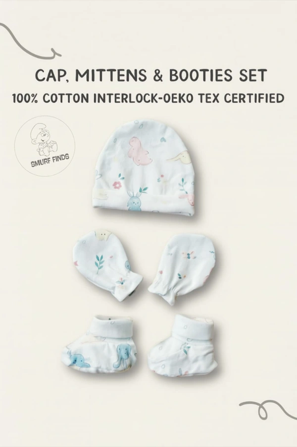 Smurf Finds Cap, Mittens & Booties set|Pack Contains 1 Set|100% Organic Cotton| White | SMMS7302 - 6-12 Month, White