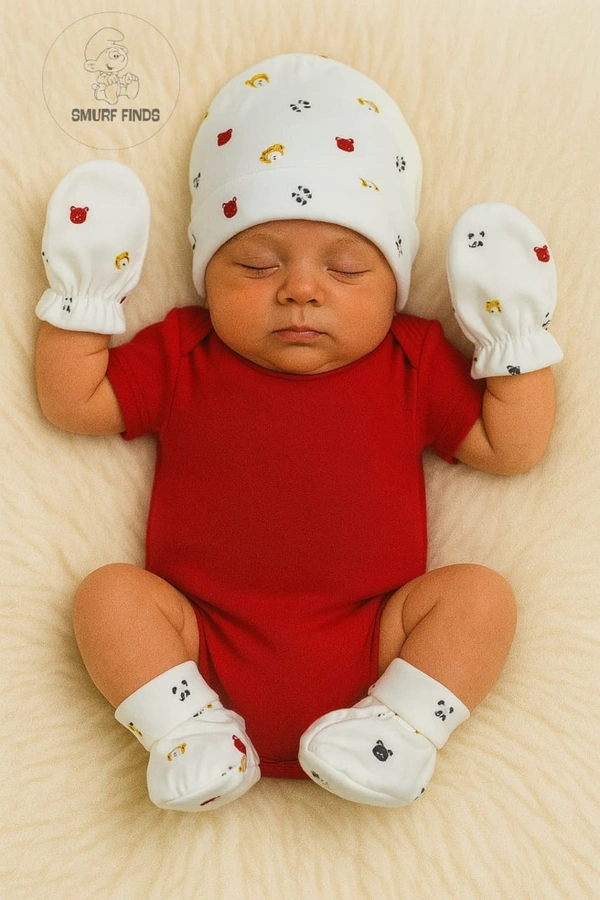 Smurf Finds Cap, Mittens & Booties set|Pack Contains 1 Set|100% Organic Cotton| Cream | SMMS7303 - 6-12 Month, Cream
