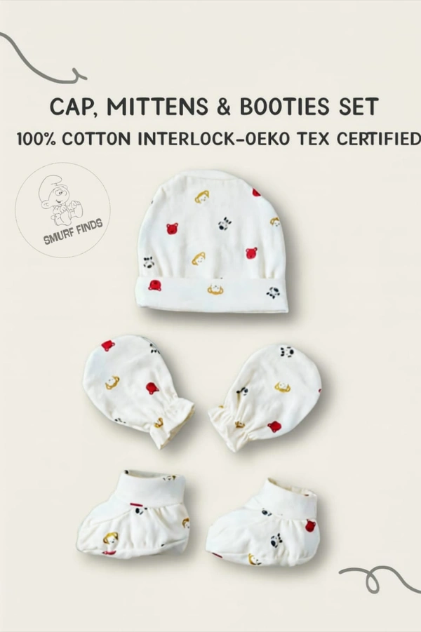 Smurf Finds Cap, Mittens & Booties set|Pack Contains 1 Set|100% Organic Cotton| Cream | SMMS7303 - 6-12 Month, Cream