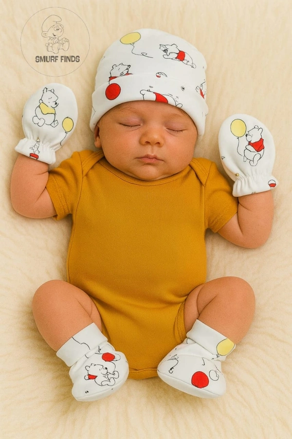 Smurf Finds Cap, Mittens & Booties set|Pack Contains 1 Set|100% Organic Cotton| White | SMMS7304 - 6-12 Month, White