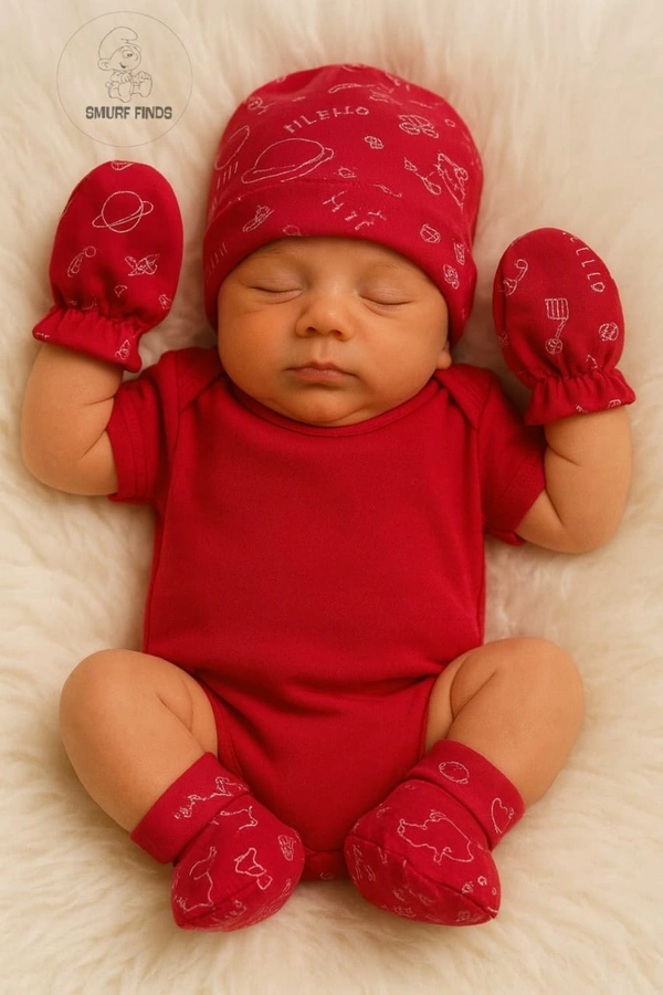 Smurf Finds Cap, Mittens & Booties set|Pack Contains 1 Set|100% Organic Cotton| White | SMMS7301 - 6-12 Month, Red