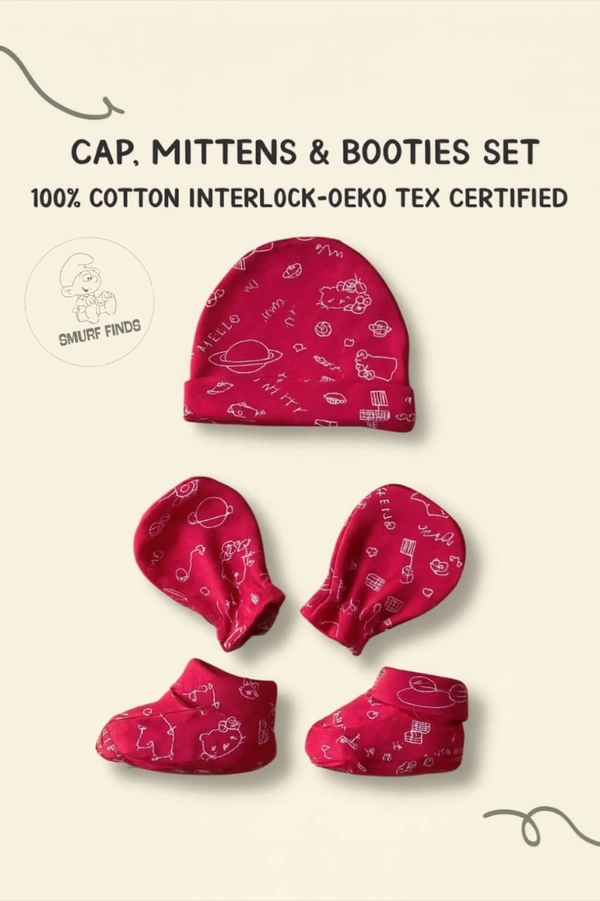 Smurf Finds Cap, Mittens & Booties set|Pack Contains 1 Set|100% Organic Cotton| White | SMMS7301 - 6-12 Month, Red