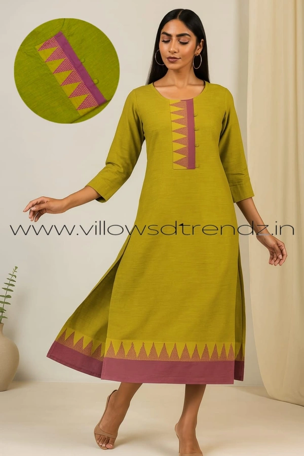 Twill Blue Chettinad Cotton Kurtis| Side cut |3/4th sleeve| Green |CK23533 - M, Green