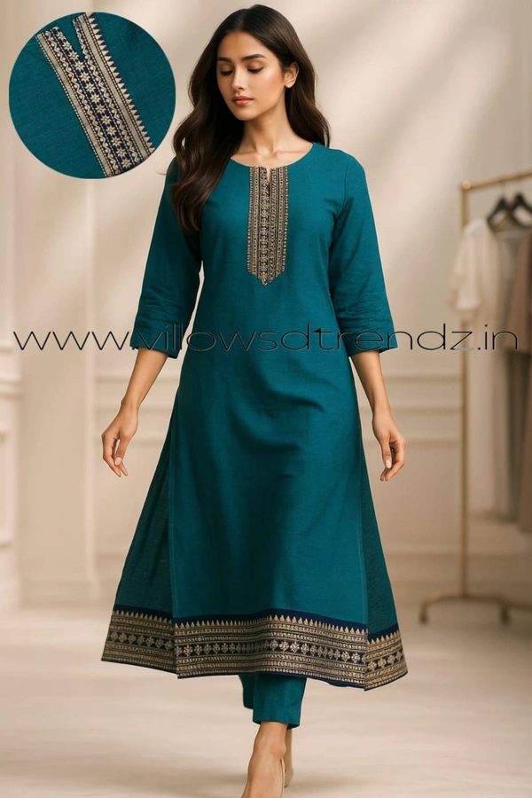 Twill Blue Chettinad Cotton Kurtis| Side cut |3/4th sleeve| Rama Green| CK24002 - M, Rama Green