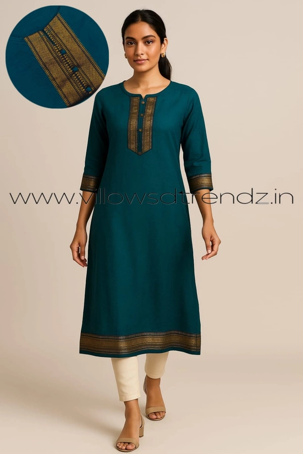 Twill Blue Chettinad Cotton Kurtis| Side cut |3/4th sleeve| Rama Green| CK23535 - M, Rama Green