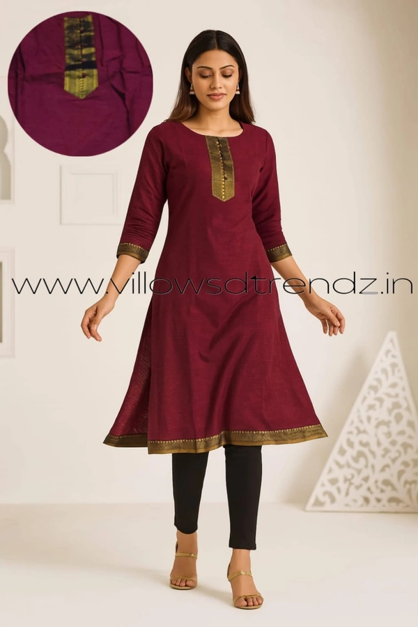 Twill Blue Chettinad Cotton Kurtis| Side cut |3/4th sleeve|Beetroot Colour| CK22565 - L, Beetroot Colour