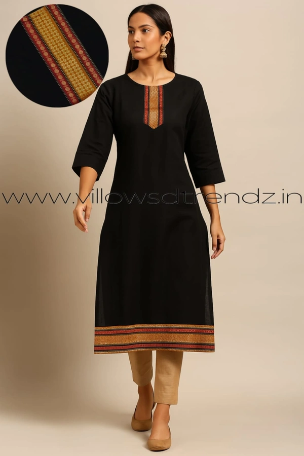 Twill Blue Chettinad Cotton Kurtis| Side cut |3/4th sleeve|Black |CK22548 - 2XL, Black