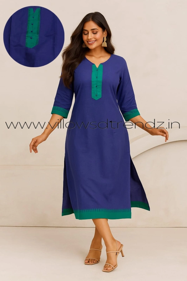 Twill Blue Chettinad Cotton Kurtis| Side cut |3/4th sleeve|Blue | CK22572 - M, Blue