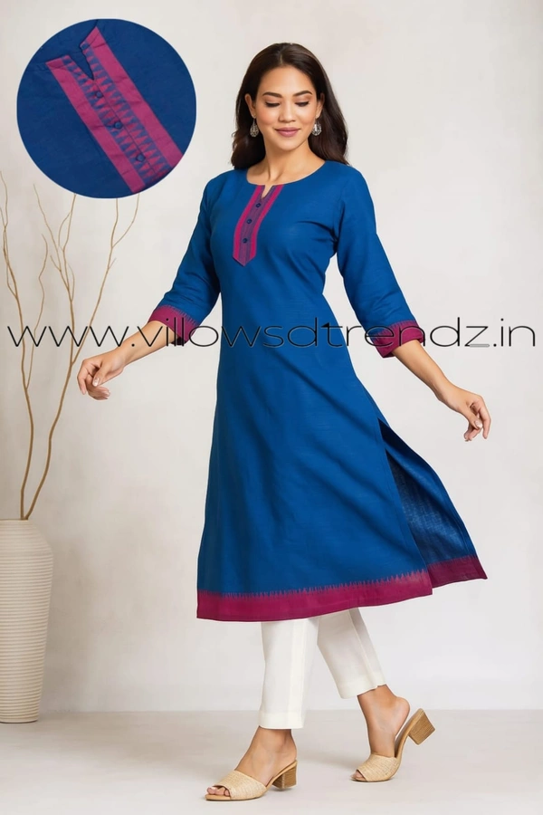 Twill Blue Chettinad Cotton Kurtis| Side cut |3/4th sleeve|Blue | CK23523 - L, Blue
