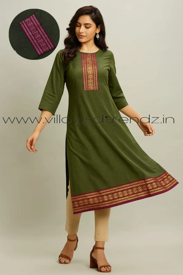 Twill Blue Chettinad Cotton Kurtis| Side cut |3/4th sleeve|Green | CK23532 - L, Green