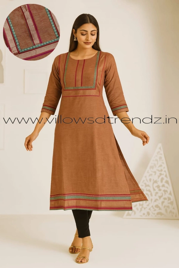 Twill Blue Chettinad Cotton Kurtis| Side cut |3/4th sleeve|Half Brown| CK235024 - M, Half Brown