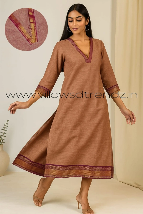 Twill Blue Chettinad Cotton Kurtis| Side cut |3/4th sleeve|Peach Pink| CK22549 - XL, Peach Pink