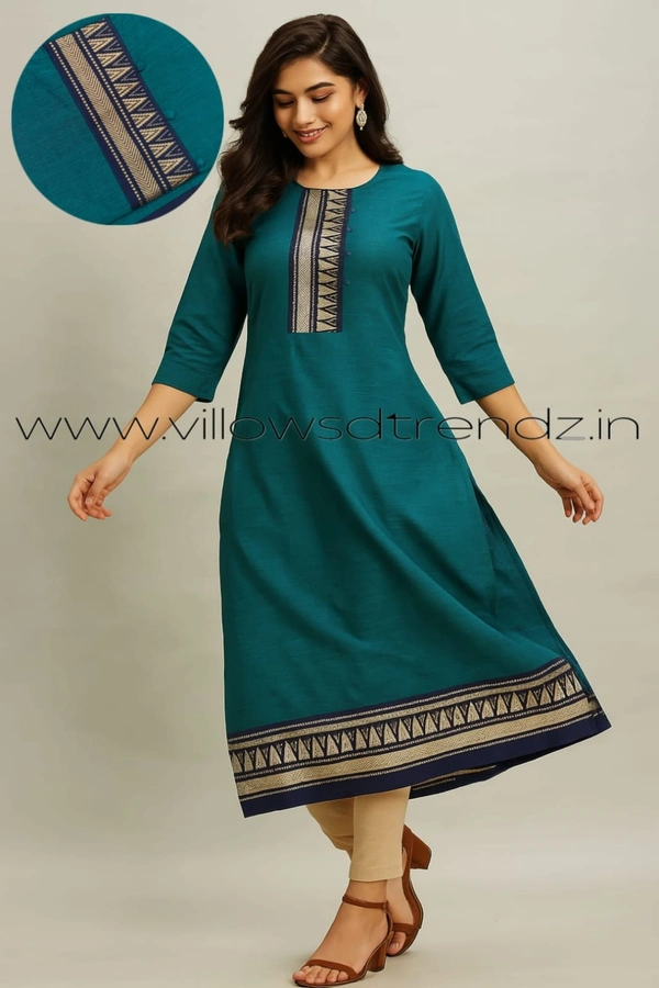 Twill Blue Chettinad Cotton Kurtis| Side cut |3/4th sleeve|Peacock Blue | CK23531 - XL, Peacock Blue