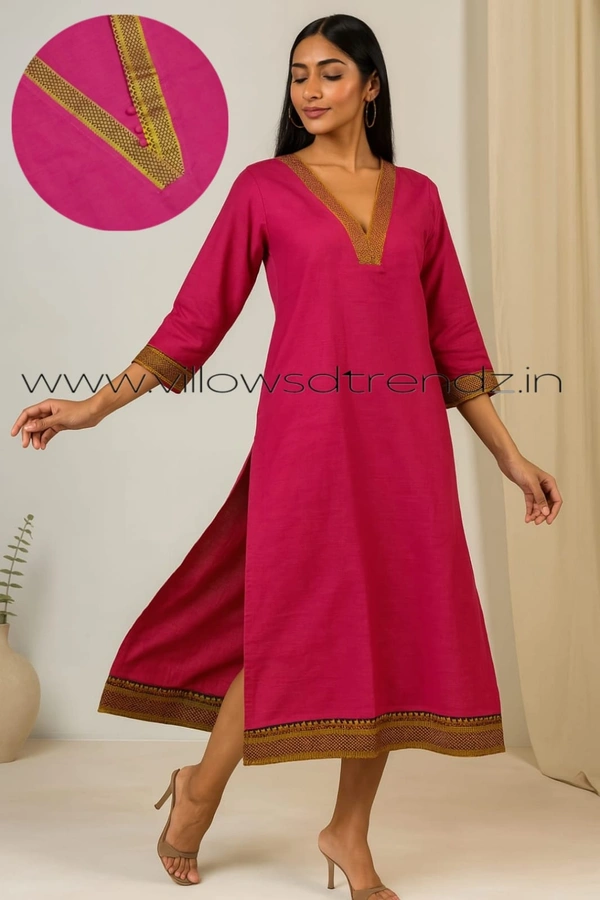 Twill Blue Chettinad Cotton Kurtis| Side cut |3/4th sleeve|Pink | CK22550 - XL, Pink