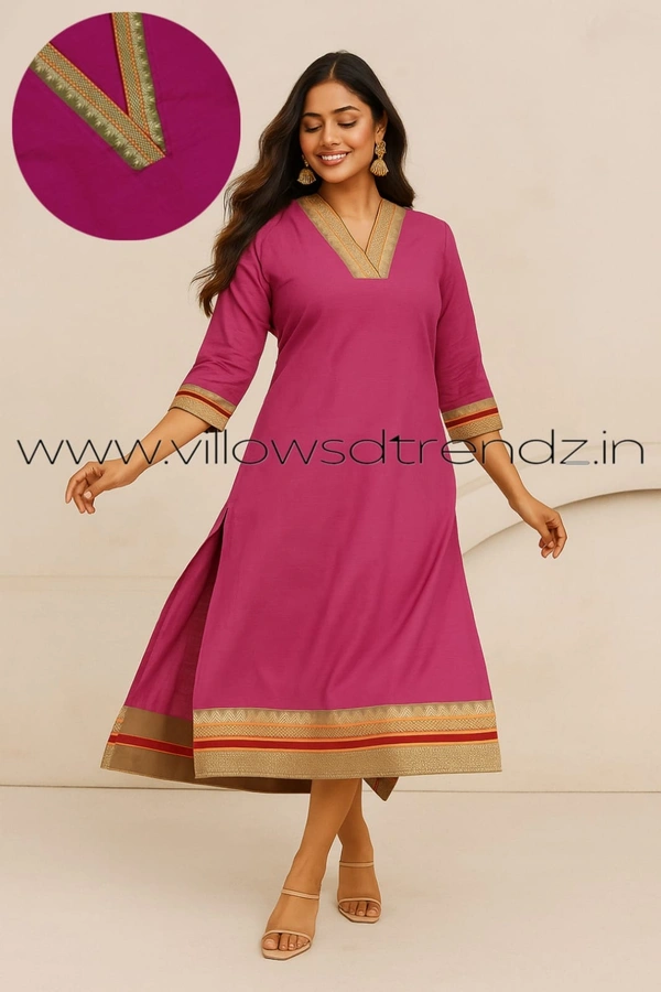 Twill Blue Chettinad Cotton Kurtis| Side cut |3/4th sleeve|Pink |CK235022 - L, Pink