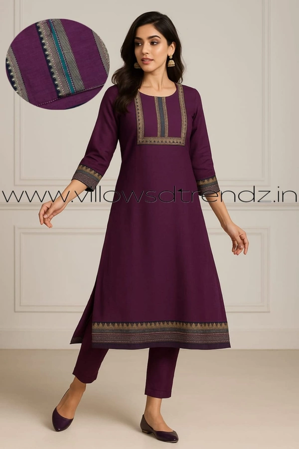 Twill Blue Chettinad Cotton Kurtis| Side cut |3/4th sleeve|Purple | CK235019 - M, Purple