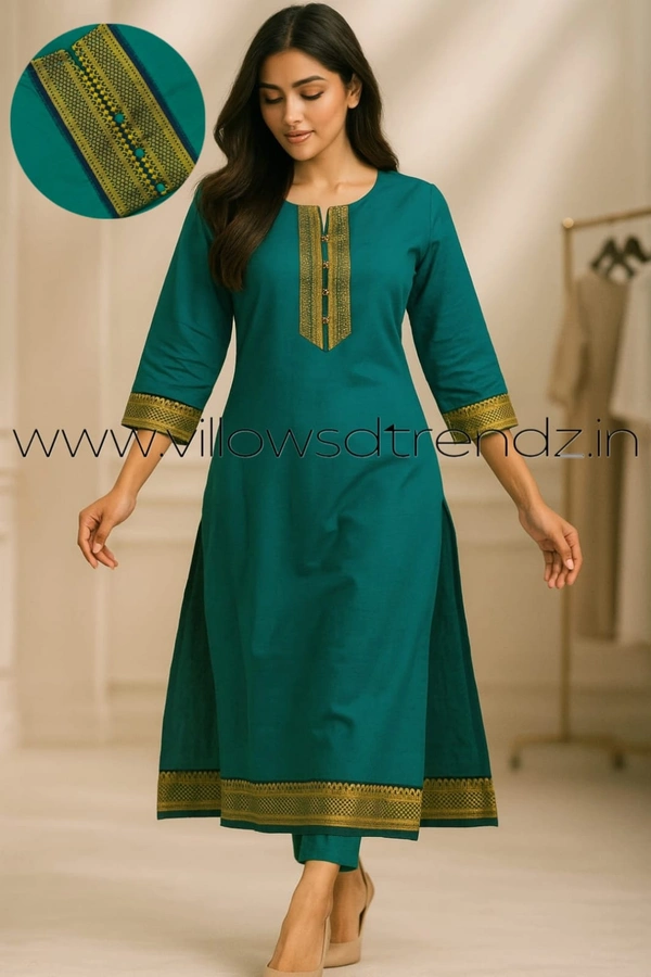 Twill Blue Chettinad Cotton Kurtis| Side cut |3/4th sleeve|Rama Green | CK23534 - M, Rama green