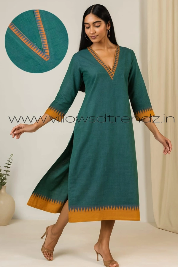 Twill Blue Chettinad Cotton Kurtis| Side cut |3/4th sleeve|Rama Green | CK22551 - L, Rama green