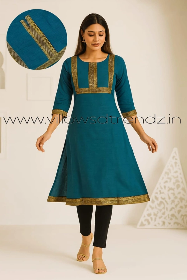 Twill Blue Chettinad Cotton Kurtis| Side cut |3/4th sleeve|Rama Green| CK23521 - L, Rama Green