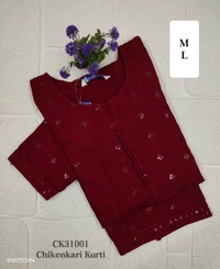Twill Blue Chickenkari Kurti with full sequence work CK31001 - Maroon, L