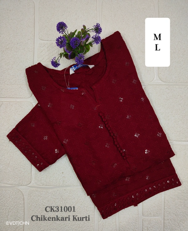 Twill Blue Chickenkari Kurti with full sequence work CK31001 - Maroon, L