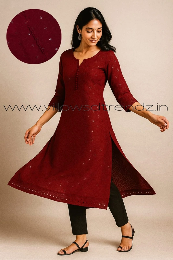 Twill Blue Chickenkari Kurti with full sequence work CK31001 - Maroon, L