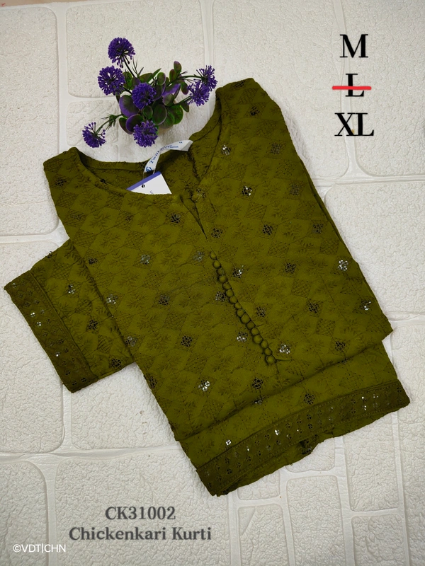 Twill Blue Chickenkari Kurti with full sequence work CK31002 - Green, M