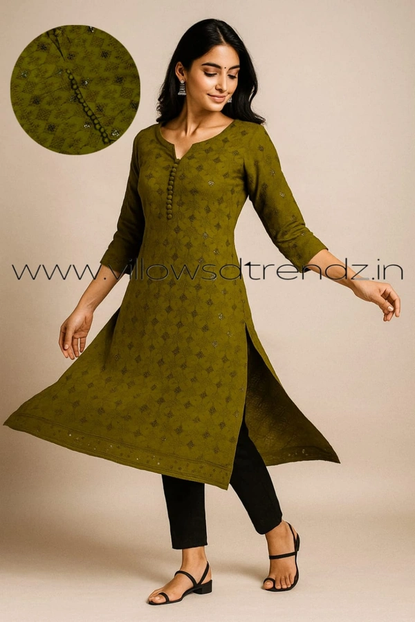 Twill Blue Chickenkari Kurti with full sequence work CK31002 - Green, M