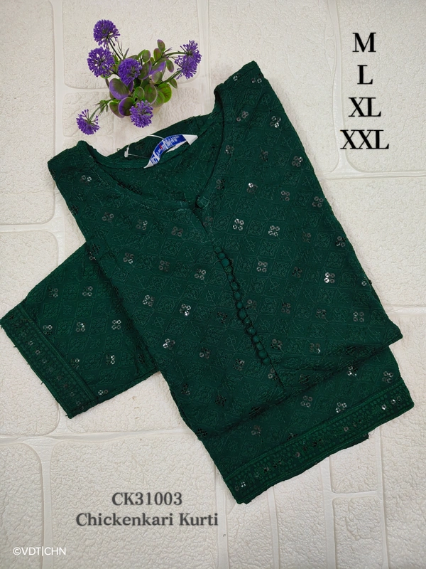 Twill Blue Chickenkari Kurti with full sequence work CK31003 - Dark Green, L