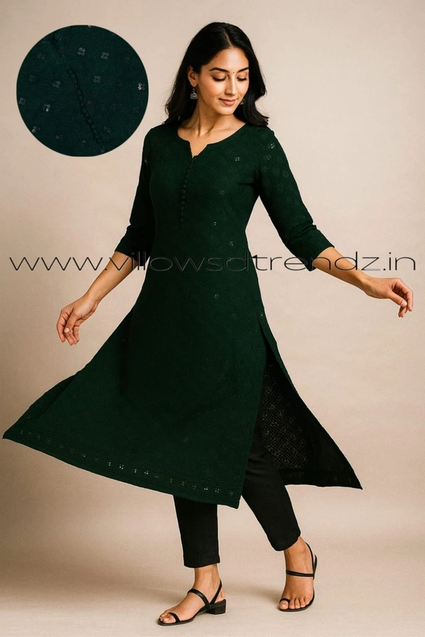 Twill Blue Chickenkari Kurti with full sequence work CK31003 - Dark Green, 2XL