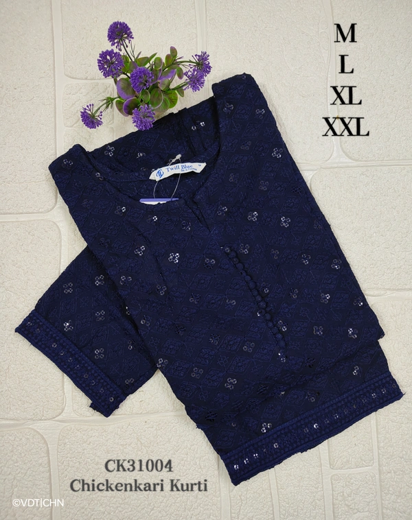 Twill Blue Chickenkari Kurti with full sequence work CK31003 - Dark Green, 2XL
