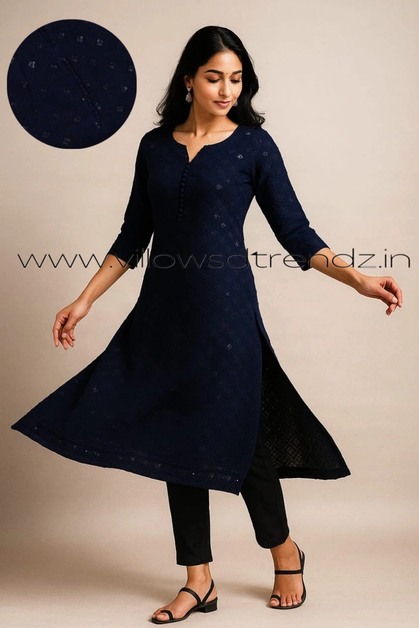 Twill Blue Chickenkari Kurti with full sequence work CK31004 - Dark Blue, L