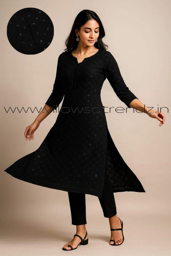 Twill Blue Chickenkari Kurti with full sequence work CK31005 - Black, M