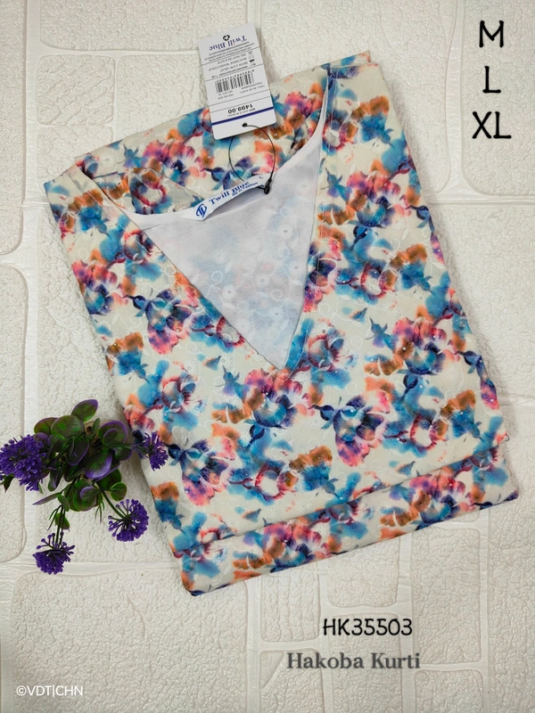 Twill Blue Hakooba Kurti with full sequence work HK35503 - Multi Colour, M