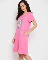 CLOVIA Cotton Knee Length Nightdress | Pink | LP13005 - S, Pink