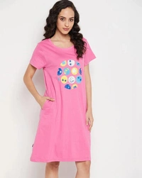 CLOVIA Cotton Knee Length Nightdress | Pink | LP13005 - S, Pink