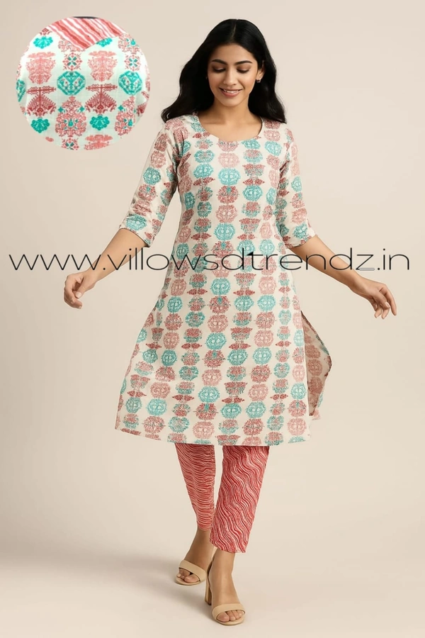 Twill Blue Cotton kurti with Phant| 2XL |Half white | 440 - 2XL, Half white