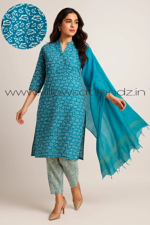Twill Blue Cotton kurti with Phant and Shawl | 5XL | Peacock blue| 468 - 5XL, Peacock blue