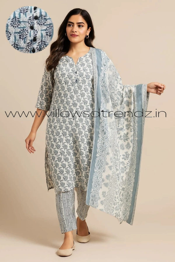 Twill Blue Cotton kurti with Phant and Shawl | L | Grey| 465 - L, Grey