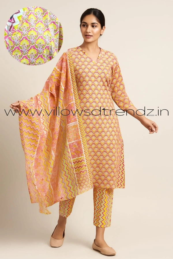 Twill Blue Cotton kurti with Phant and Shawl | M | Multi colour | 441 - M, Multi colour